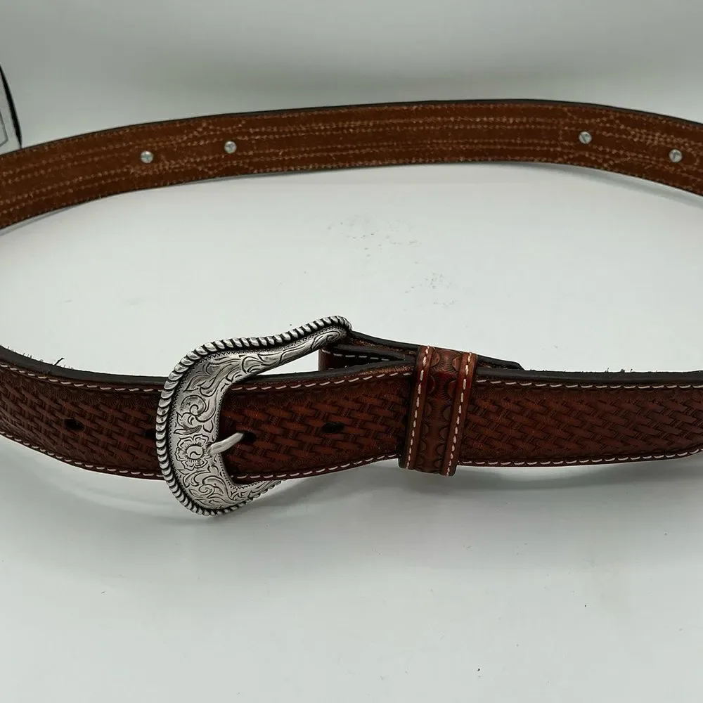 NOCONA Rawhide Leather & Cross Conchos Western Belt Silver Buckle Cowboy